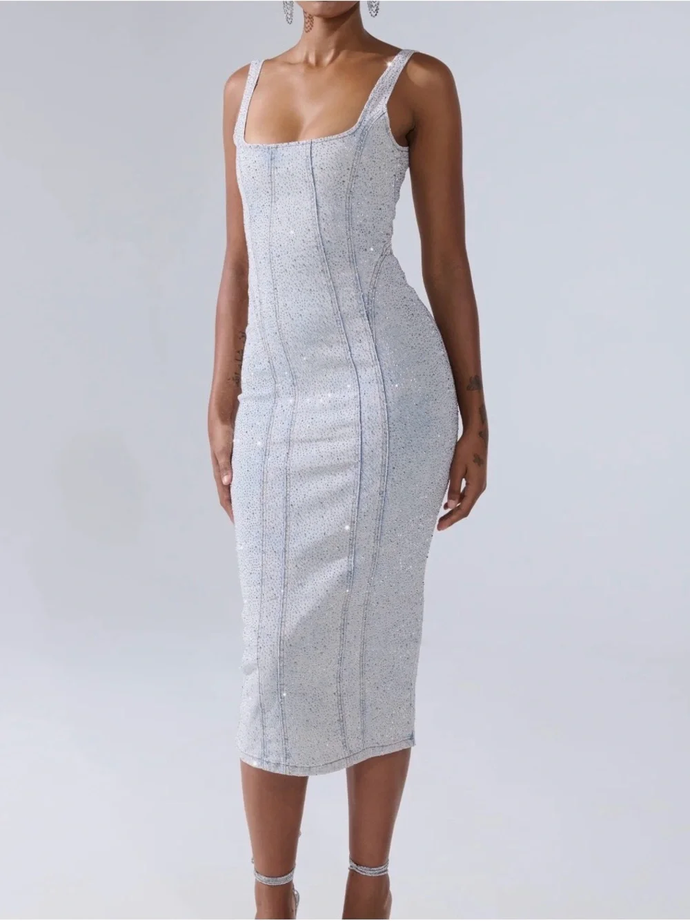 AKIRA Silver Sequin Square-Neck Midi Dress - Picture 3 of 5